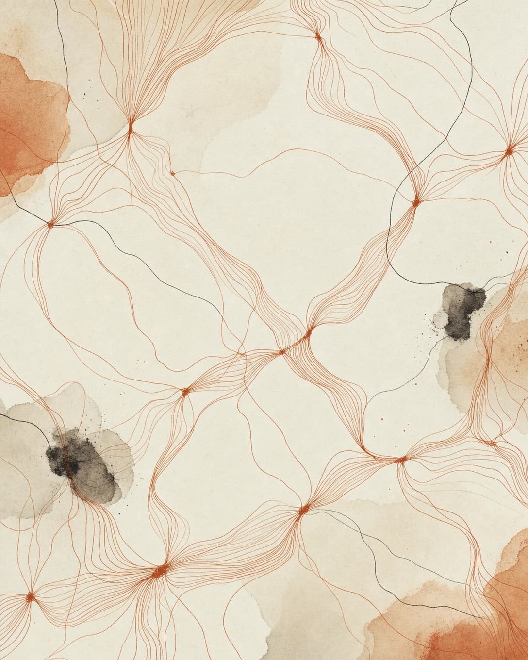 Abstract organic mesh of fine rust-orange lines and faint nodes drifting across a cream paper background — an ink-and-wash topographic map of an agent network.