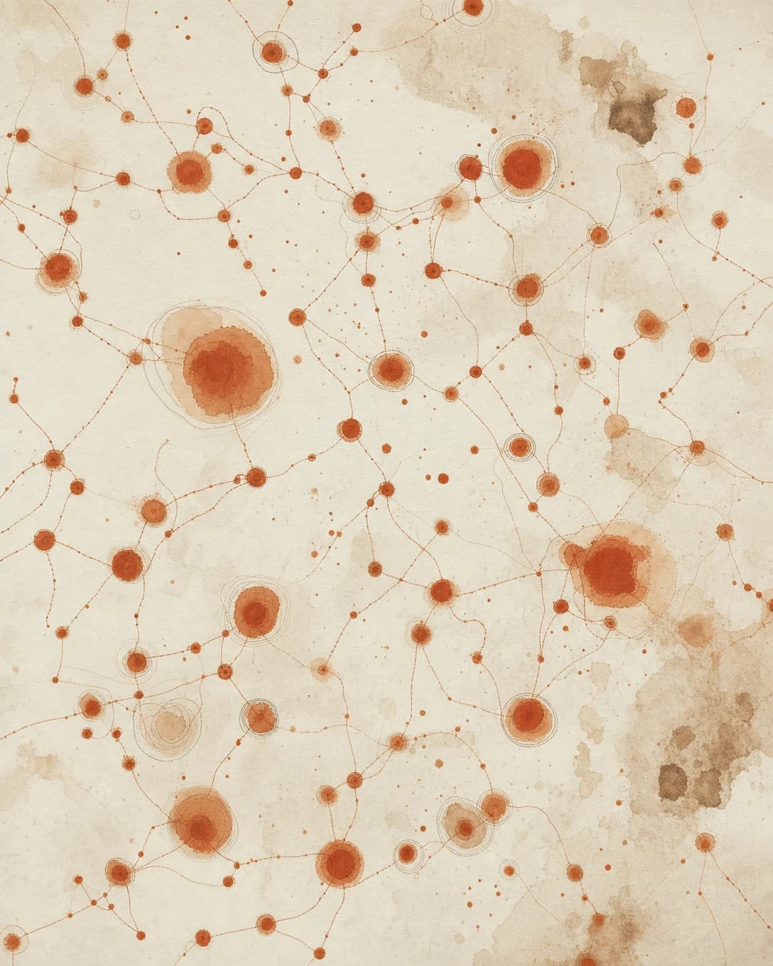 Aerial-view scatter of warm rust-orange dots on cream paper, joined by faint orange threads forming organic constellations.