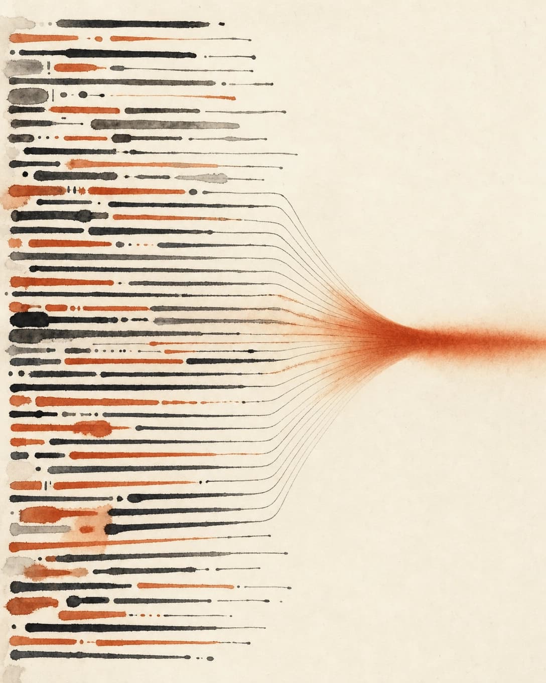 Stacked YAML-like horizontal lines flowing into a single warm rust beam of light on cream paper, with slight ink bleed.