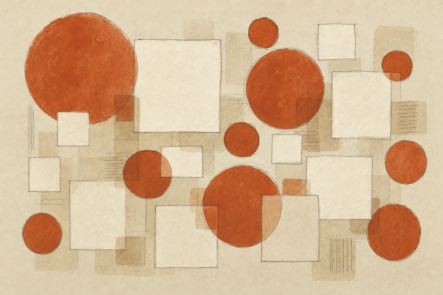 Warm rust circles trading positions with cream squares on beige paper — geometry of an open-air market.
