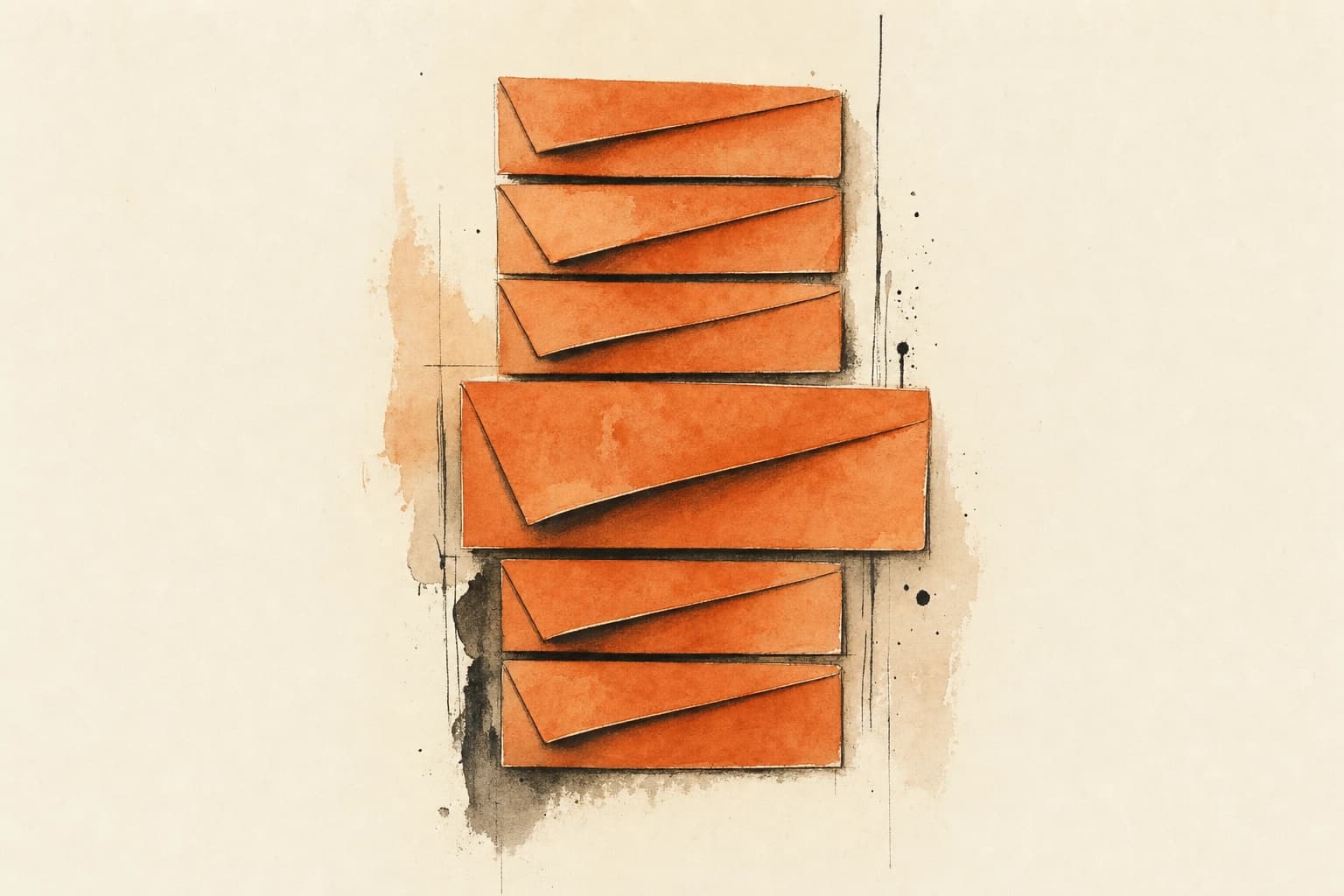A vertical stack of folded warm-orange paper rectangles on cream, only one slightly larger — sealed-bid auction.