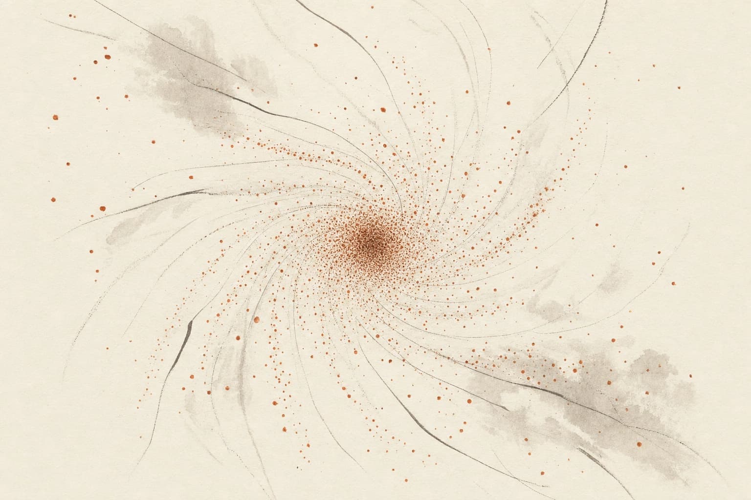Small rust-orange dots gathering toward a centroid on cream paper, like iron filings to a magnet.