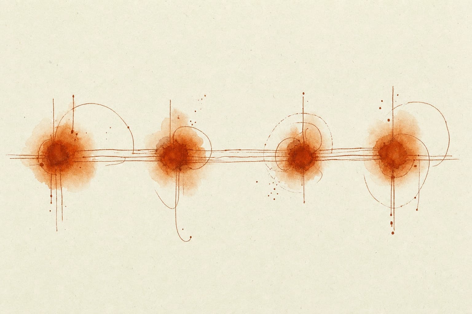 Horizontal pipeline of four warm rust nodes connected by hand-drawn cream-paper lines with watercolour bloom at each node.