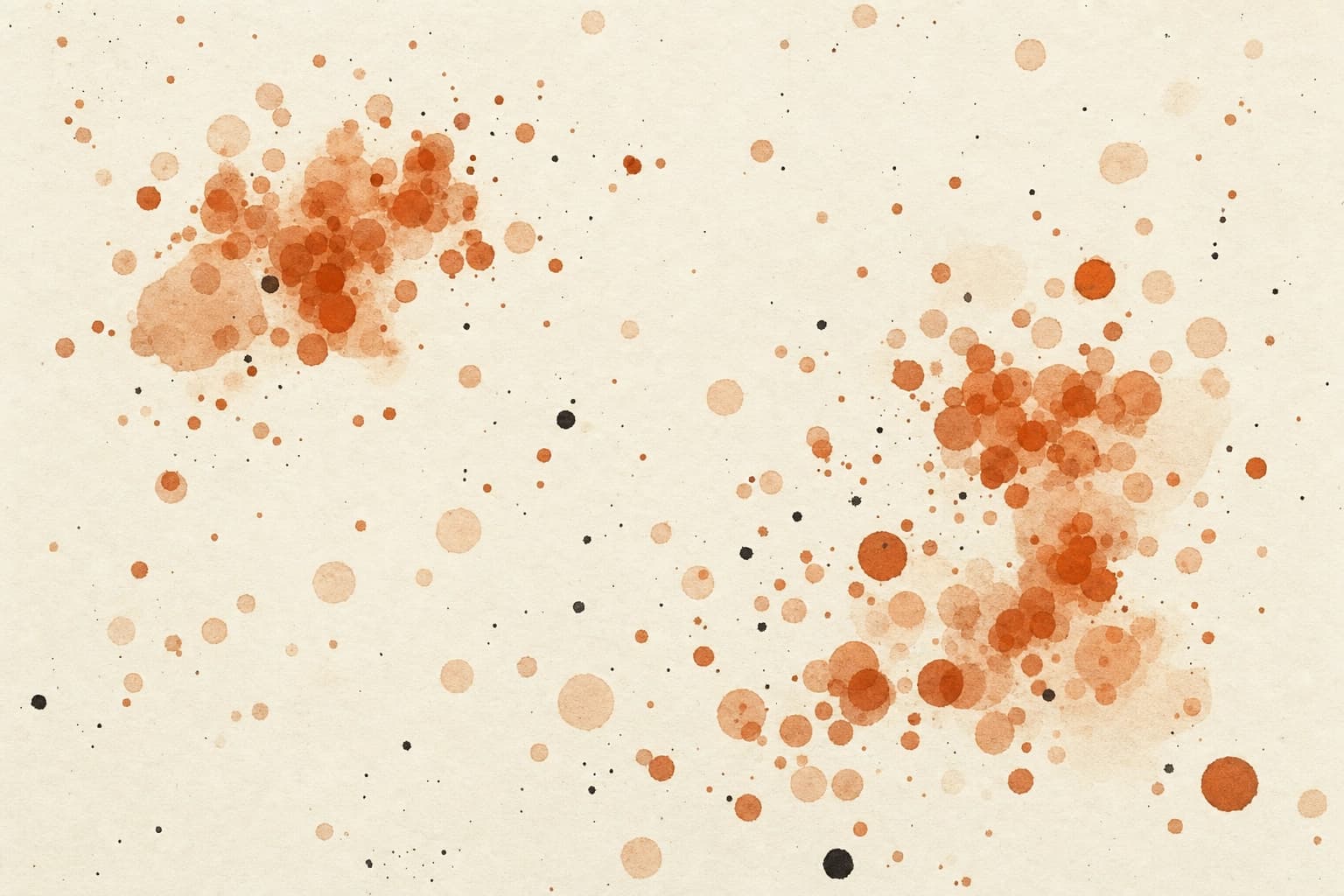 Field of warm-orange dots of varying opacity on cream paper, some clustered tightly, some isolated — reputation drift.